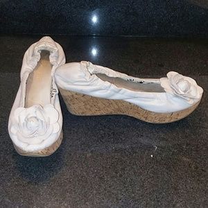 Restricted leather cork wedges